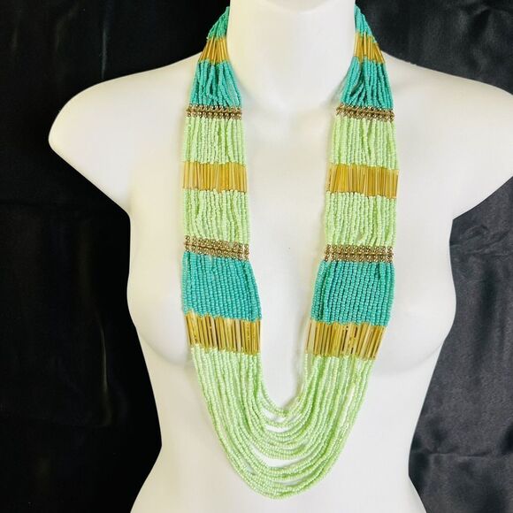 Stunning Waterfall Turqoise Green Gold Multi Strand Seed Bead Statement Necklace - Picture 1 of 15